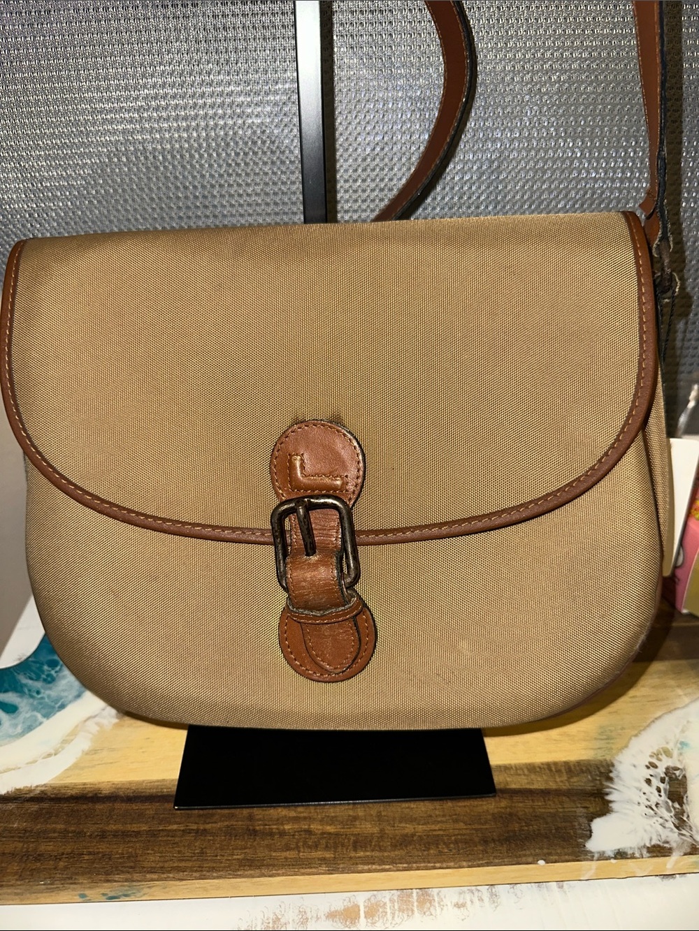 Classic Tan Crossbody Bag with Brown Leather Trim